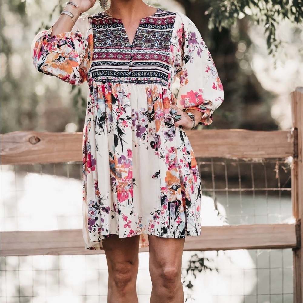 Umgee Ivory Boho Floral Babydoll Tunic Dress Balloon Sleeve Western Size M